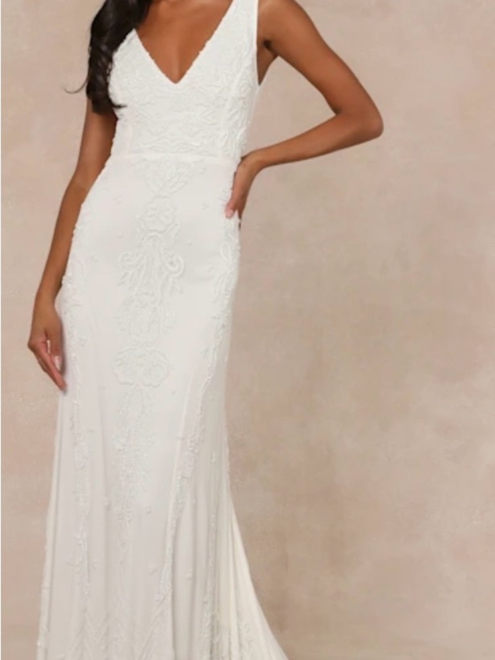 Lulu's Ivory Beaded V-Neck Wedding Gown